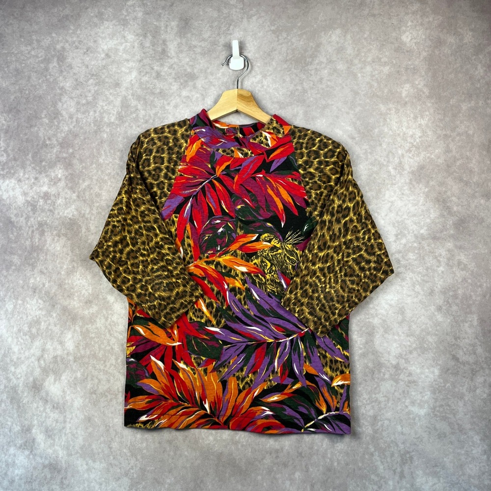 Vintage 90s M2 Leopard Print Floral Mock Neck Top & Pants Set Small